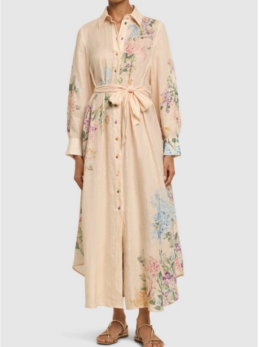 Zimmermann Peach-Blend Floral Tie-Waist Midi Dress